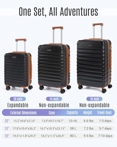 Luggage Sets 3 Pcs Suitcase with Wheel (Black/Brown / 3-Piece Set-20 Inch/24 Inch/28 Inch)
