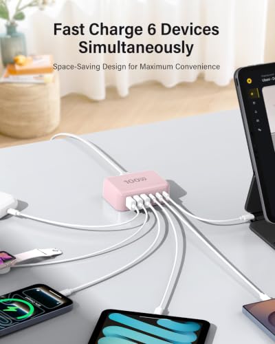 USB Fast Charger Block 50% Smaller 100W Max 6 (Pink / 100W)
