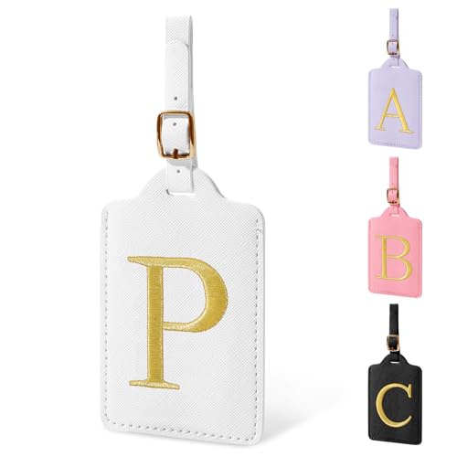 Personalized Initial Luggage Tags for Suitcase TSA Approved (White Leather,glod Letter / P)