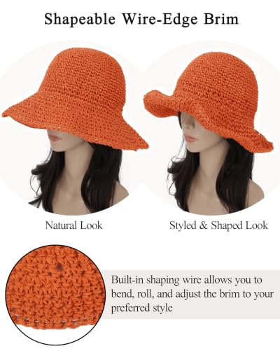 Womens Crochet Straw Sun Hat Foldable Floppy Wide Brim Beach Hat for Summer (One Size / Orange)