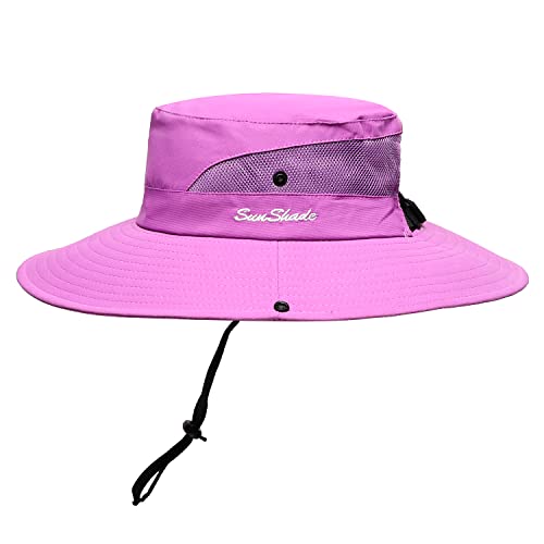 Womens Summer Sun Hat Beach Hat Wide Brim Outdoor UV Protection Hat Foldable Cool Mesh Ponytail Bucket Hat (6-7 / Pure Purple)