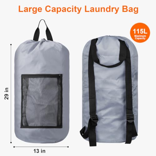 Laundry Bag Backpack Durable Laundry Bag with Shoulder Straps and Mesh Pockets Portable Laundry Hamper Dirty Clothes Bag for College (Gray / 1 Pack)