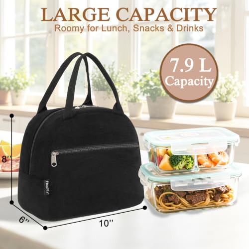 Lunch Bag for Women Insulated Lunch Box Corduroy Lunch Tote Cooler for Travel Work Picnic (Corduroy Black)