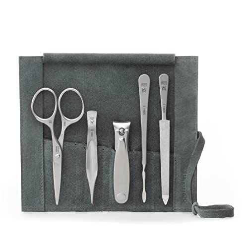 5pc Men's Grooming Set (5-Pc: Clipper, Mustache Scissors, Tweezer / Light Gray Suede Roll)