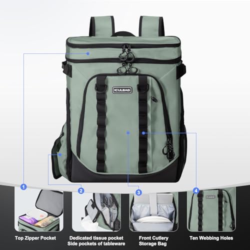 Insulated Cooler Bags for Travel Women 36cans Soft Cooler Backpack 18 Hours Cooling Lunch Backpack for Men Work for Camping Picinic Beach Grayish ArmyGreen 30L (Armygreen)
