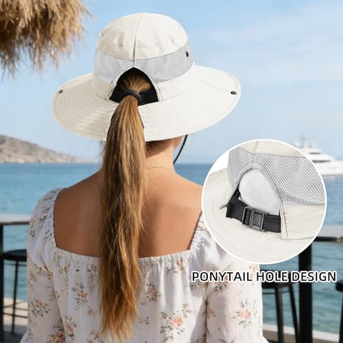 Ponytail Sun Bucket Hats for Women UV Protection Foldable Wide Brim (1 Pack-pure-beige)