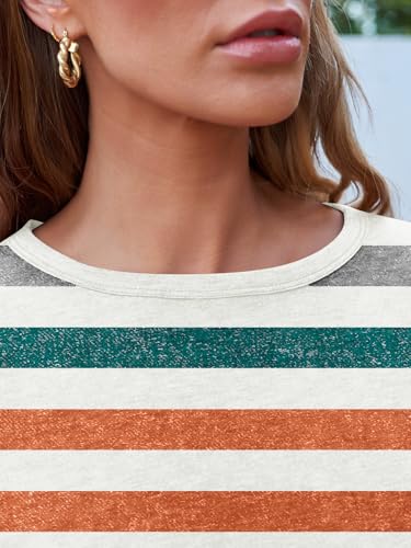 Long Sleeve Shirts for Women Casual Crewneck Tops Basic Tees (X-Large / Stripedorange)
