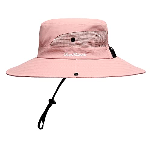 Womens Summer Sun Hat Beach Hat Wide Brim Outdoor UV Protection Hat Foldable Cool Mesh Ponytail Bucket Hat (6-7 / Pure Pink)
