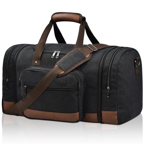 50L Canvas Duffle Bag for Travel Weekend Gym Overnight Carry (Black / 50L)
