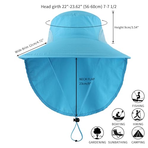 Outdoor UPF50+ Sun Hat Wide Brim Mesh Fishing Hat with Neck Flap (Large-X-Large / Aqua Blue)
