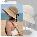 Wide Brim Hats for Woman Foldable Hats Sun Hats for Women uv Protection Bowknot Bucket hat Adjustable hat with Ponytail Hole Khaki (Khaki)
