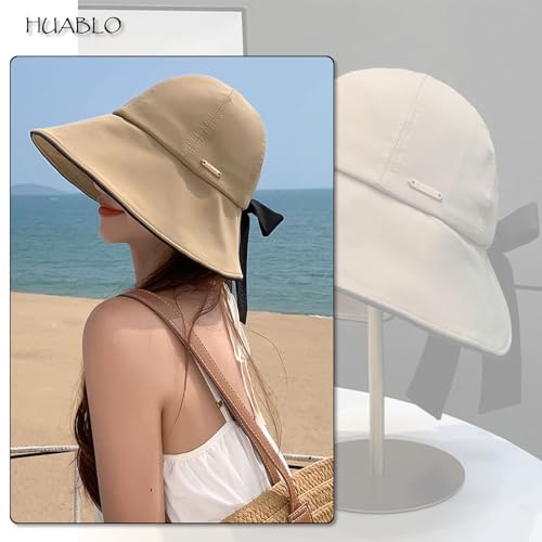 Wide Brim Hats for Woman Foldable Hats Sun Hats for Women uv Protection Bowknot Bucket hat Adjustable hat with Ponytail Hole Khaki (Khaki)