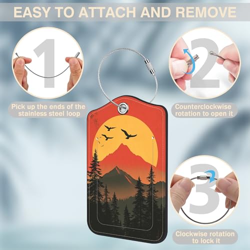 2 Pcs Mountain at Sunset Luggage Tags for Suitcases PU Leather Baggage Tags Name ID Label with Privacy Cover and Stainless Steel Loop for Men Women Travel Bag Suitcase (Mountain at Sunset)