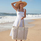 Beach Bag Waterproof Beach Tote Pool Bags for Women (Brown Checkered / 50L)