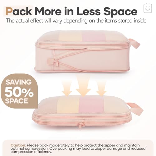 6/9/11 Set Compression Packing Cubes for Travel Essentials,Compressible Expandable Large Luggage Suitcase Organizer Bags for Clothing,Space Saver Bags with Over 1000 pcs of Mesh Holes(Beige) (Beige / 6 set)