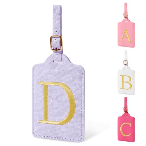Personalized Initial Luggage Tags for Suitcase (Purple Leather,glod Letter / D)