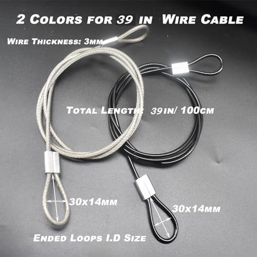 1/8"(3mm) Wire Diam Stainless Steel Cable Eyelets Loops Short Rope Lanyard Safety Tether Chain Lock with Vinyl Coated Cover, 10Pcs 20" Long Black (20 inches - 10 Pcs / Black-A)