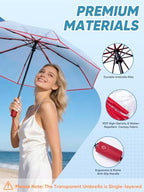Windproof Travel Umbrellas for Rain and Sun (Clear-Red / 1 PK)