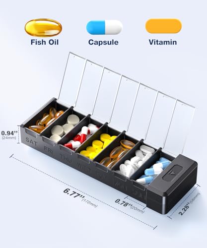 7 Days Pill Organizer with Aluminum Shell for One Week Capacity (Updated Black)