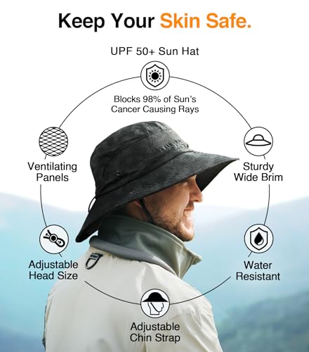 Safari Hat for Men Sun Hats for Women UV Protection UPF 50+ Fishing (Black Camouflage Standard 1 Pack / Safari)