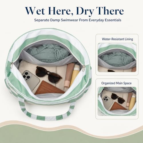 Waterproof Beach Tote Pool Bags for Women Ladies Extra Large Carry On Bag With Wet Compartment for Weekender Travel (Green White Stripe 5cm)