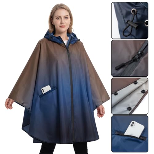 Rain Poncho Jacket Coat Hooded Zipper Style for Women (One Size / Blue+black)