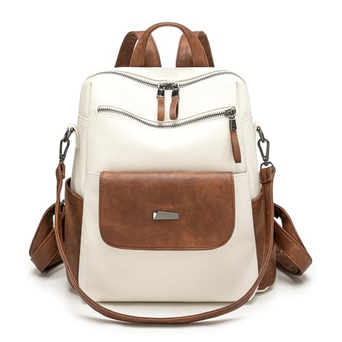 PU Leather Small Backpack Purse for Women Ladies White Brown (White Brown)