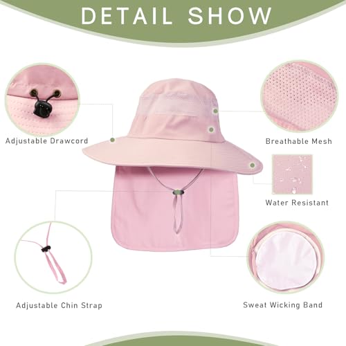 Fishing Hat Breathable Wide Brim Sun Hats with Neck Flap Bucket Hat Outdoor Safari Hat for Men Women UPF 50+ Sun Protection Pink (Pink)