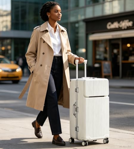Super Large Aluminum Frame Zipperless Checked Luggage Front Pocket (B4-Ivory White / 30in)