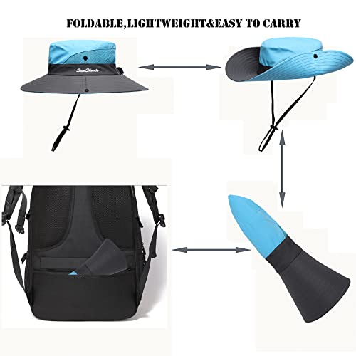 Womens Summer Sun Hat Beach Hat Wide Brim Outdoor UV Protection Hat Foldable Cool Mesh Ponytail Bucket Hat (6-7 / Sky Blue-gray)