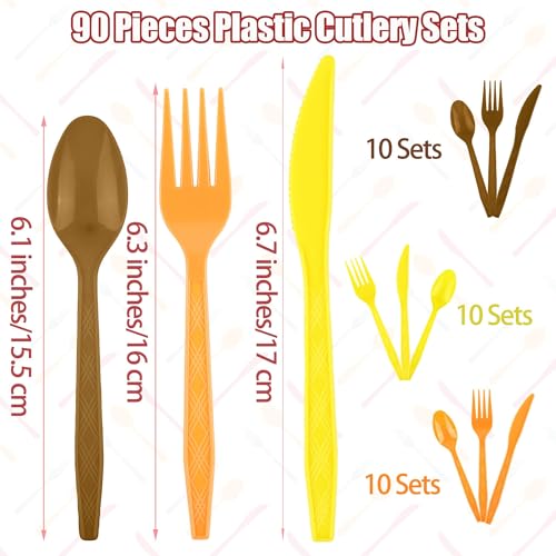 90 Pcs Fall Thanksgiving Plastic Cutlery Set (Orange, Yellow, Brown)