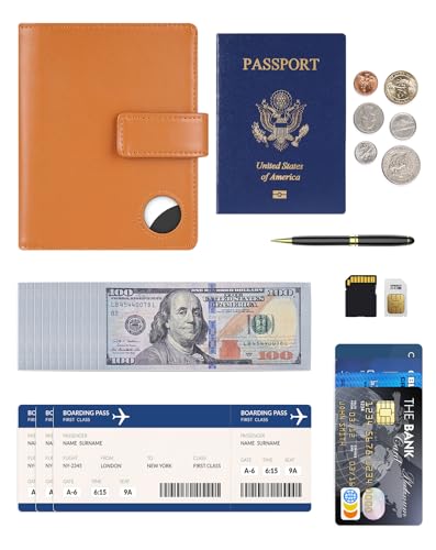 Passport Holder Wallet Cover for Travel with Airtag RFID for Women Men (Brown)