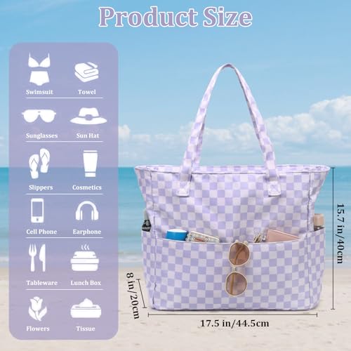 Large Beach Bag for Women (Checkerboard Purple and White)