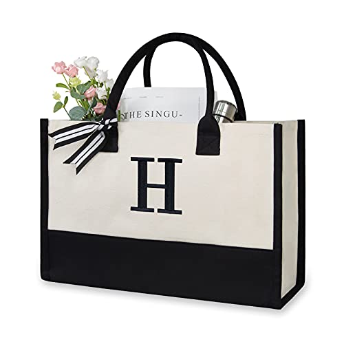 Embroidery Initial Canvas Tote Bag (Black & White / H)
