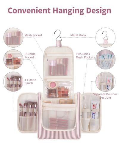 Large Hanging Travel Toiletry Bag for Women (CA-Dusty Rose Stripe / Large)