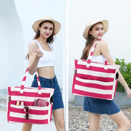 Waterproof Beach Tote Pool Bags for Women Ladies Extra Large Carry On Bag With Wet Compartment for Weekender Travel (Rose-pink Stripes)