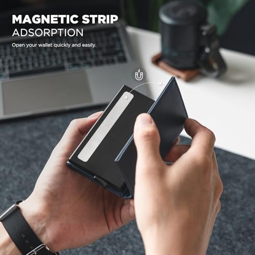 Pop up Card Wallet Minimalist Cash Wallets RFID Blocking Leather Smart Credit Card Holder with ID window for Men (Top-Grain Cowhide Litchi Navy)