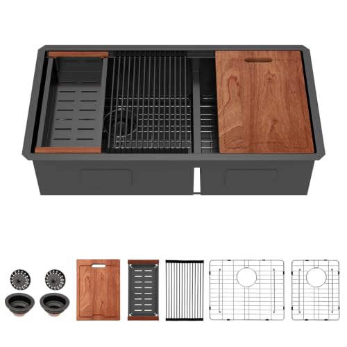 33 Inch Matte Black Double Bowl Kitchen Sinks Undermount (Matte Black-Workstation / 33''x19''-60/40)