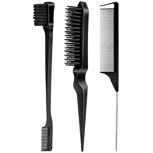 3 Pieces Hair Styling Comb Set Teasing Brush Rat Tail Comb Edge Brush for Edge&Back Brushing (Black-3pcs)