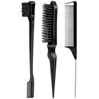 3 Pieces Hair Styling Comb Set Teasing Brush Rat Tail Comb Edge Brush for Edge&Back Brushing (Black-3pcs)