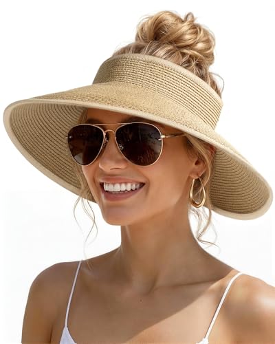 Womens Sun Visor Hats Wide Brim Straw Beach Hat UV Protection Ponytail Packable Beach Vacation Essentials (Mix Beige / One Size)
