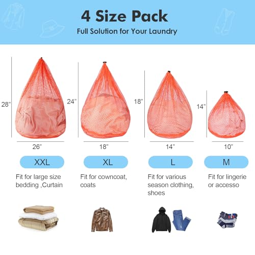 4Pcs Mesh Laundry Bags Washing Machine Mesh Wash Bags for Clothes (Orange / 26"x28")