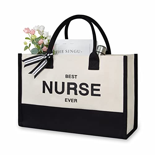 Embroidery Canvas Tote Bag for Women (Black & White / Best Nurse Ever)