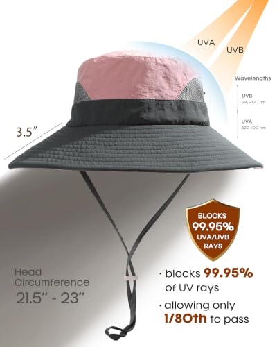 Womens Sun Hat with Ponytail Hole Beach Hiking Summer Wide Brim UPF 50+ Outdoor Protection Foldable Bucket Hat Pink (Pink-grey)
