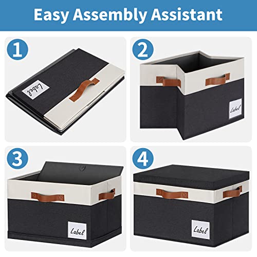 Fabric Storage Bins with Lids 6 Pack (Large-6 Pack / Black with White)