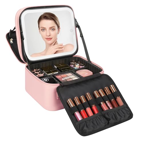 Makeup Bag with LED Mirror (01-Pink / 1-Small(2 Layers))