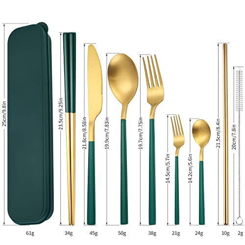 6 Pieces Stainless Steel Flatware Set Portable Reusable Cutlery Set Travel Utensils Set Including Chopsticks Knife Fork Spoon Straws Cleaning Brush Dishwasher Safe (B-Green golden)