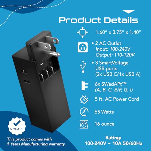 65W World Travel Adapter 3 USB Ports PD 3.0 Ultra Compact Charger 2 US Outlets [GaN Tech] (Black)