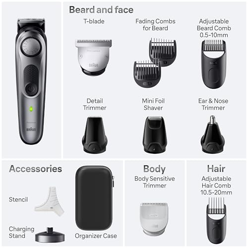 All-in-One Men's Shaving Kit Series 7 7440, 12-in-1 Beard, Face, Nose, Ear Trimmer, Hair Clippers, Body Groomer and Manscaping + Travel Case + Charging Stand (Silver / 13 Piece Set)