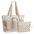 Beach Bag Waterproof Beach Tote Pool Bags for Women (Brown Checkered / 35L)